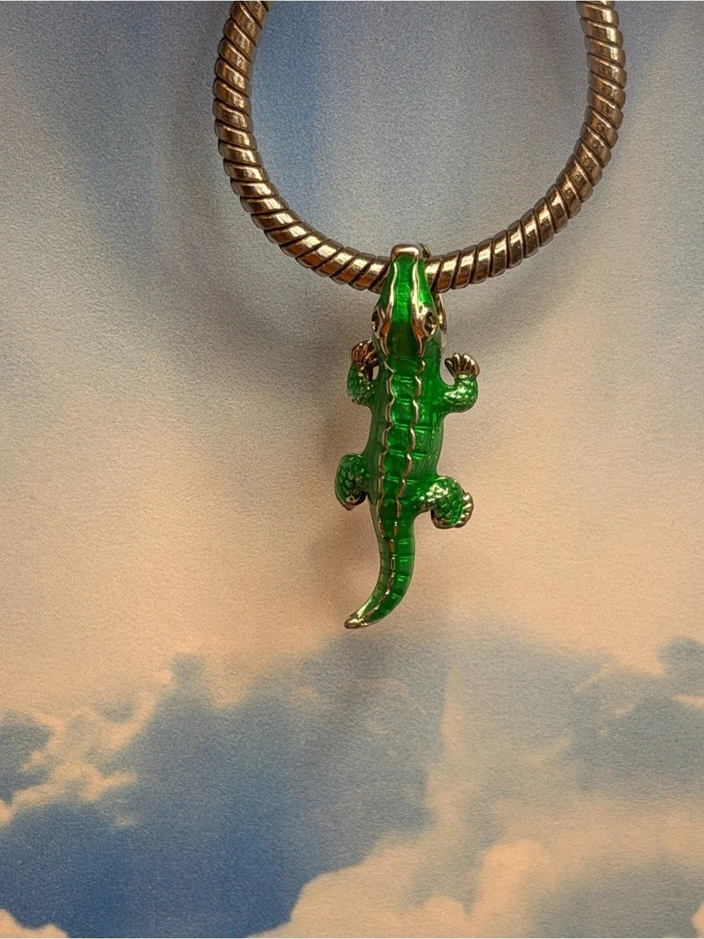 Sterling silver Crocodile Dangle Charm pendant Green alligator
